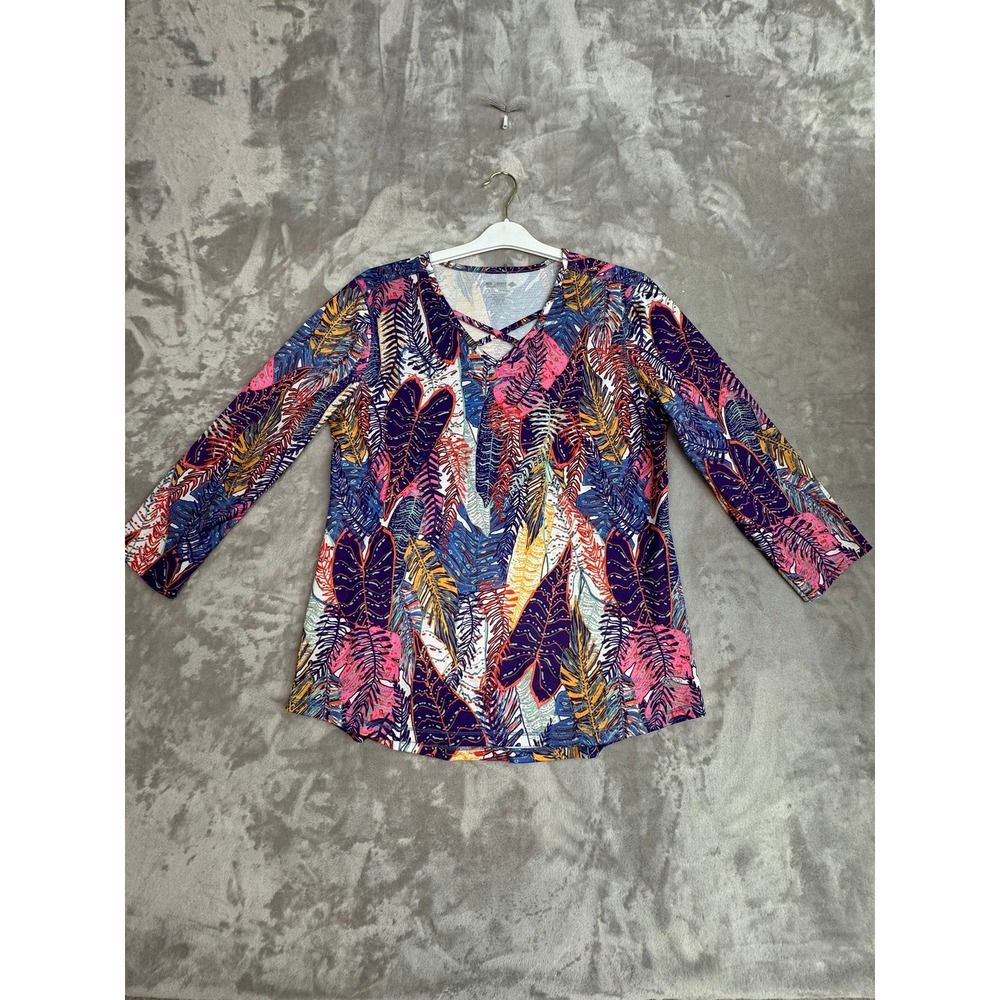 Reel Legends‎ Women's Tropical Leaf Print V Neck Crisscross Long Sleeve Top L